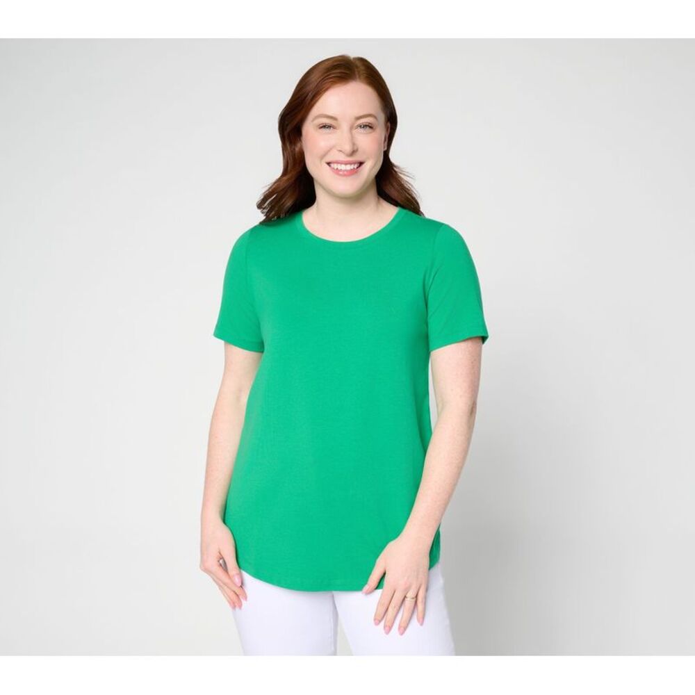 Susan Graver Women's Top Sz S Comfy Cotton Crew Neck DarkGreen A684070